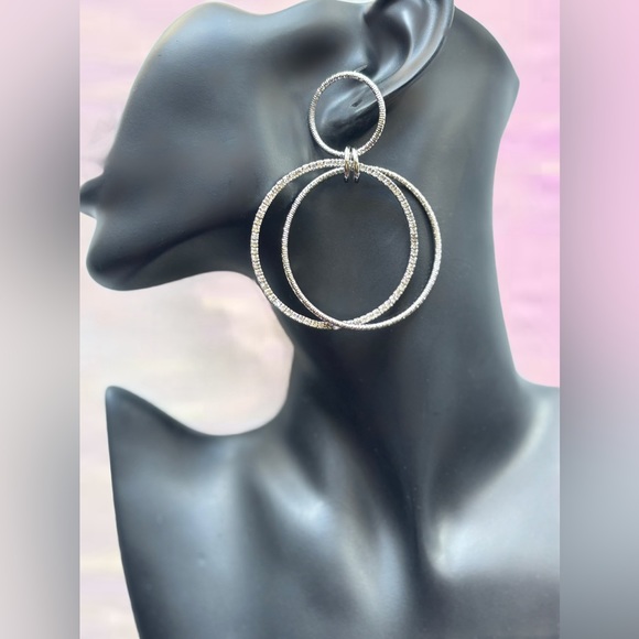 Crystal Double-Hoop Silver-Tone Earrings - Picture 1 of 6